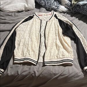 Women's Black and Cream Lace Bomber Jacket